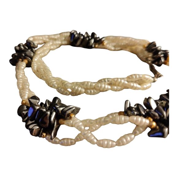 Faux Rice Pearls/Hematite Necklace Clusters Multi strand Lariat Style - Picture 7 of 7